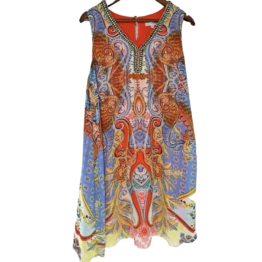 Sandra Darren Boho Shift‎ Dress 12 Orange Multi Color Paisley Beaded Colorful